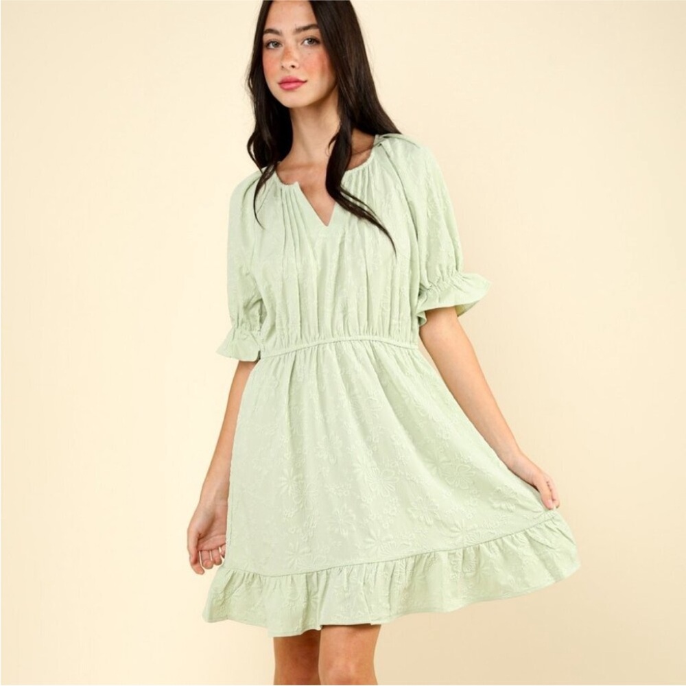 Very J Sage Green Embroidered Floral Mini Dress